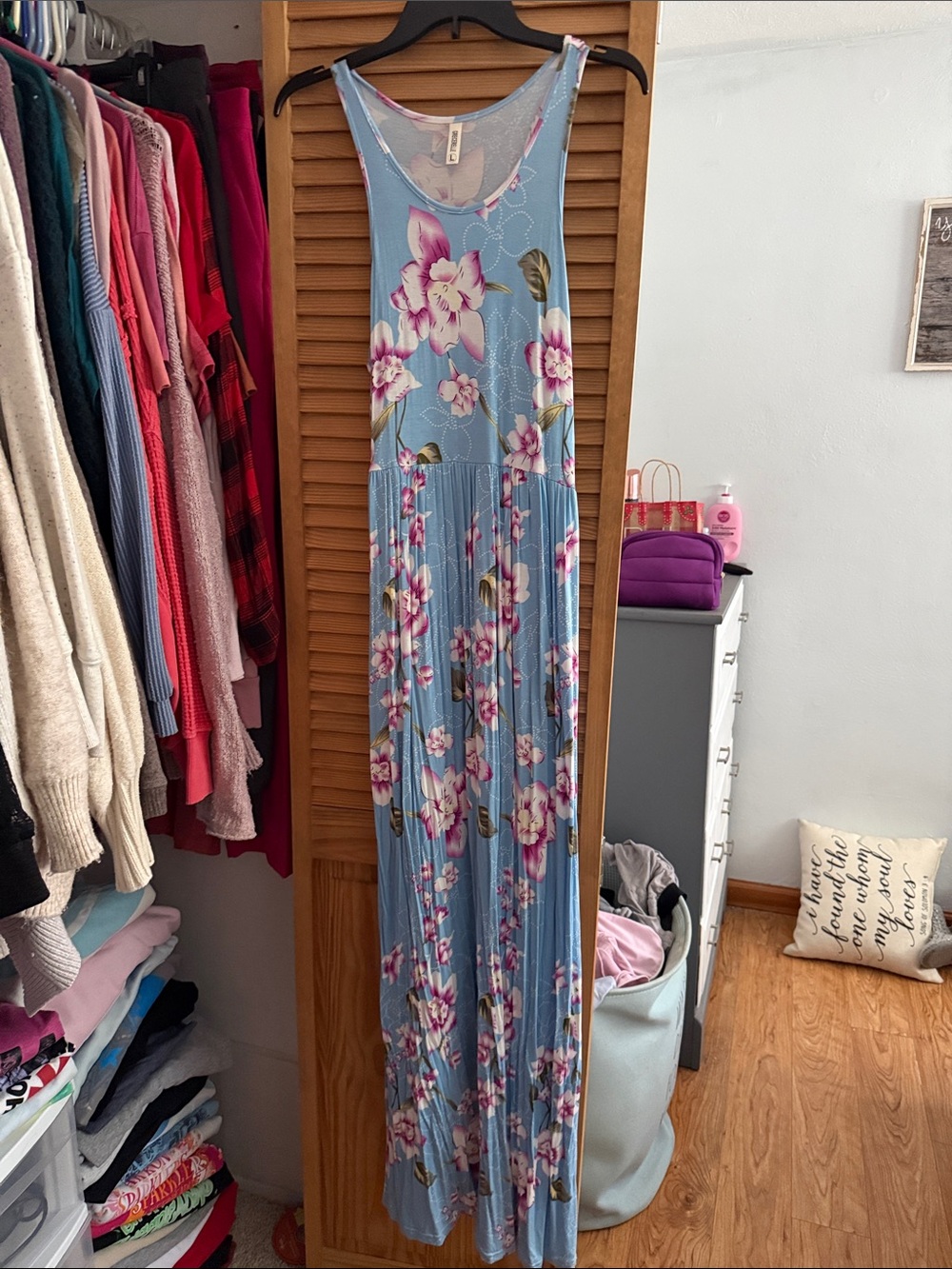 Sleeveless Blue Floral Maxi Dress - Light Blue with Pink Blossoms